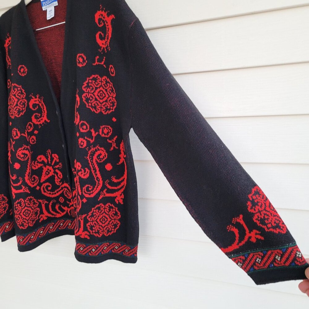 Vintage 90s Pendleton 100% Virgin Wool red and black Cardigan sweater USA - Picture 4 of 5